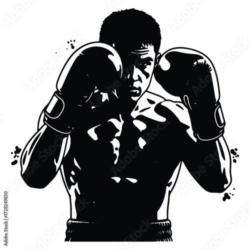 Aggressive boxer in fighting stance with gloves in black and white