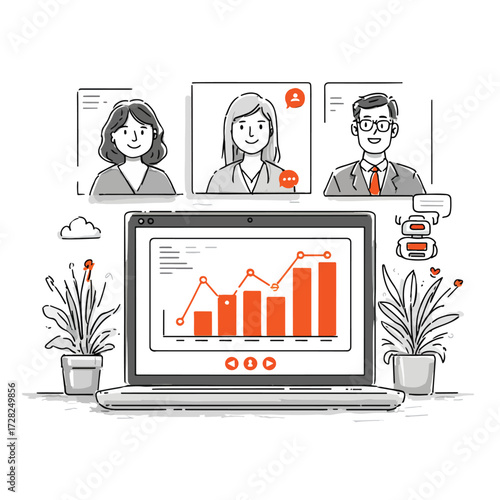 リモートワーク環境で、ノートパソコンの画面に映るオンライン会議参加者とビジネスデータグラフが、現代のデジタルコラボレーションと分析の重要性を示唆するベクターイラスト。