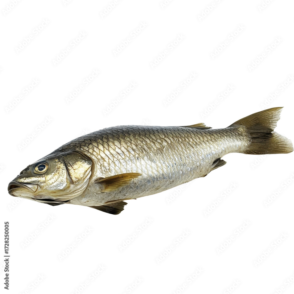 Fototapeta premium A Single Fish Isolated on Black Background Aquatic Life Silver Scales isolated on a white background