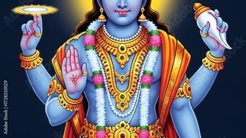 Divine Illustration of Lord Vishnu: The Preserver of the Universe Adorned in Gold and Orange Attire, Holding the Conch, Discus, Mace, and Lotus