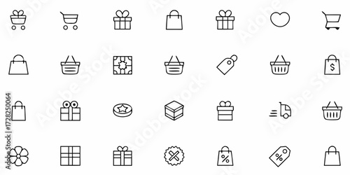Vector set of e-commerce icons featuring shopping cart, bag, gift box, tag, and other online shopping symbols in flat modern style.