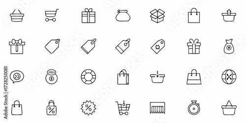 Vector set of e-commerce icons featuring shopping cart, bag, gift box, tag, and other online shopping symbols in flat modern style.