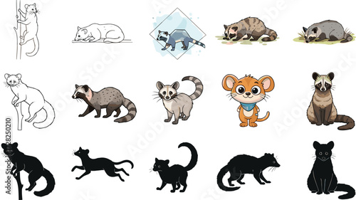 Raccoon and cat illustration set, animal poses, silhouette art, cartoon style, realistic drawing, wildlife grid, character design, pet icons