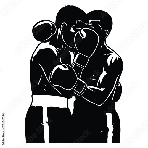Black and white vector image of two boxers hugging each other