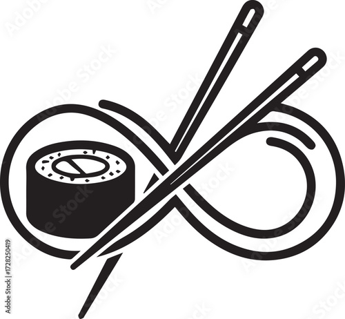 Captivating symbol of endless sushi enjoyment with chopsticks and a single delicious roll, a modern culinary icon for Japanese food lovers seeking unique gastronomic experiences and cultural fusion.