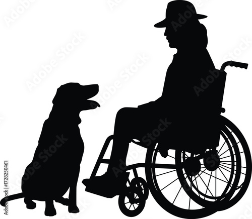 Wheelchair user interacting with dog, disability support, therapy animal, companionship, inclusive care, pet connection, emotional bond, flat vector illustration