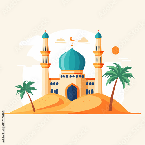 Colorful Cartoon Illustration of a Mosque with Blue Dome and Minarets, Surrounded by Trees and Greenery