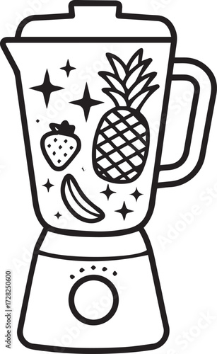 Whimsical blender brimming with vibrant fruits and sparkling stars, perfect for healthy recipes, summer vibes, and joyful kitchen creativity