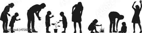 Child development silhouette, adult guidance, learning support, nature education, emotional growth, parenting moment, nurturing care, flat vector illustration