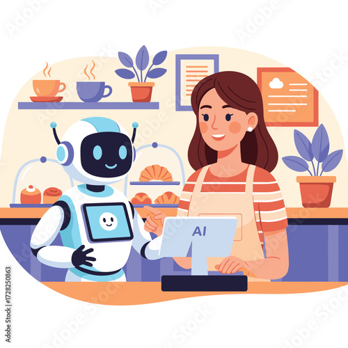 Woman and robot working at a bakery counter with pastries and coffee cups on shelves behind them