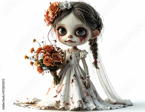 A hauntingly beautiful zombie bride doll with a floral headpiece and blood-stained white dress, holding an orange flower bouquet.