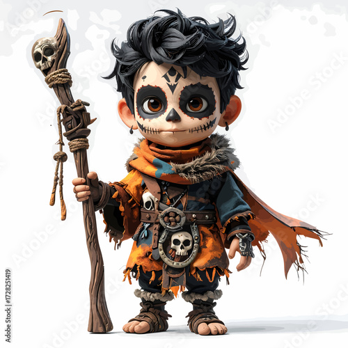 A charming cartoon illustration of a young boy dressed as a mystical shaman with a skull-topped staff.