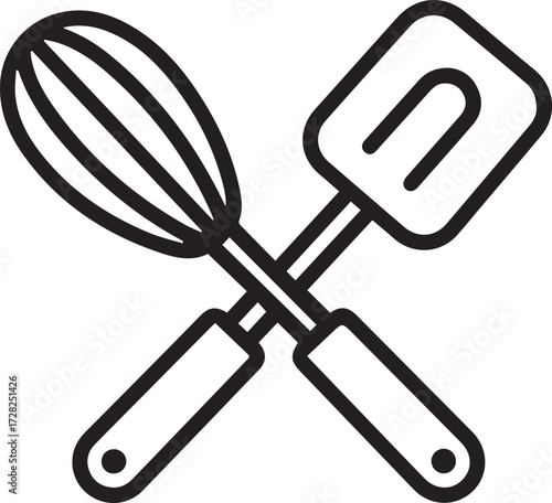 Essential baking tools whisk and spatula crossed creating a dynamic culinary icon perfect for kitchen inspiration and recipe design