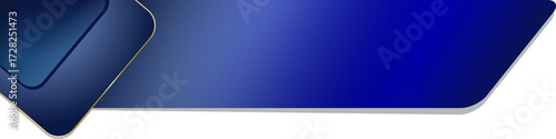 modern title label with blue graphic shape and gold trim