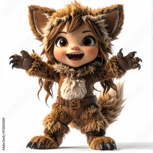 Charming cartoon girl in a furry wolf costume, smiling with open arms, playful and adorable.