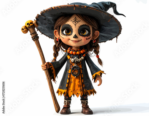 A cute cartoon witch girl with sugar skull face paint and a skull staff.
