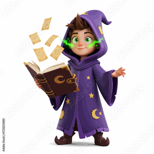 A young wizard in a purple robe adorned with stars and moons, casting a spell from an open book with glowing green eyes.