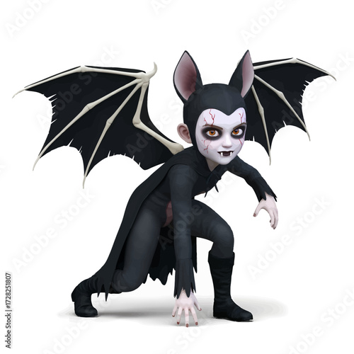 Cartoon bat boy with wings and pale face in a crouched position.