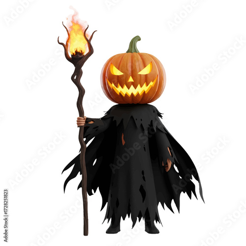 3D rendered character with a glowing jack-o'-lantern head, wearing a tattered black cloak, and holding a flaming torch, isolated on a white background, evoking a spooky Halloween theme.