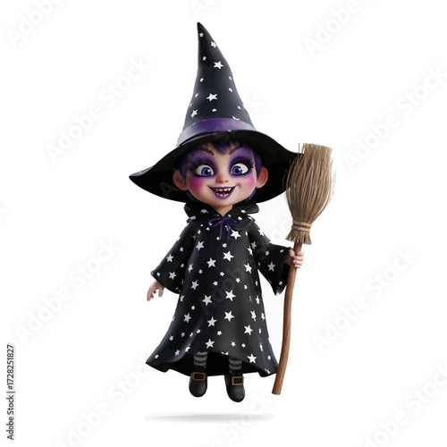 Cartoon witch with broom, wearing a star-covered robe and hat.
