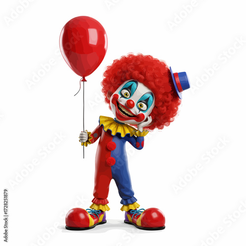 A cheerful clown with a red curly wig and a blue hat, dressed in a red and blue suit, holding a red balloon.