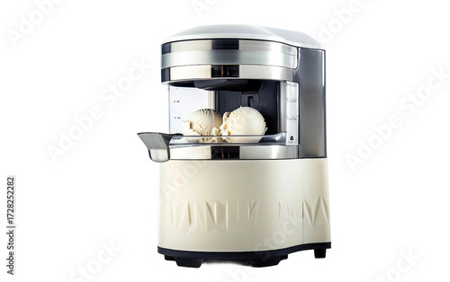 Modern Ice Cream Maker Churning Creamy Dessert on white background