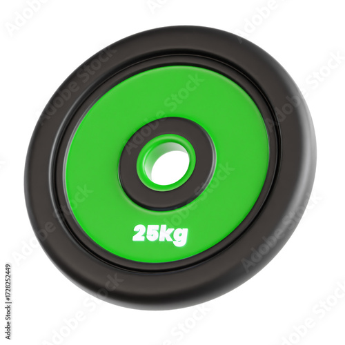 Close-up of a 25kg weight plate against a white background, perfect for fitness and exercise routines. Ideal for strength training and building muscle