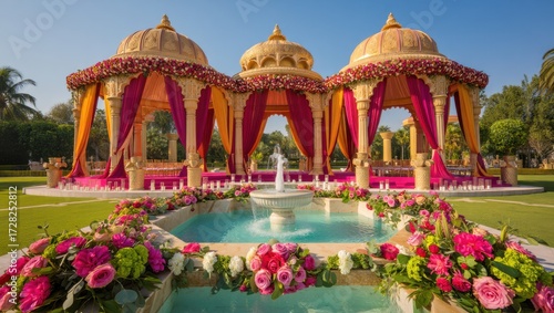 Ornate indian wedding mandap with fountain and floral decorations