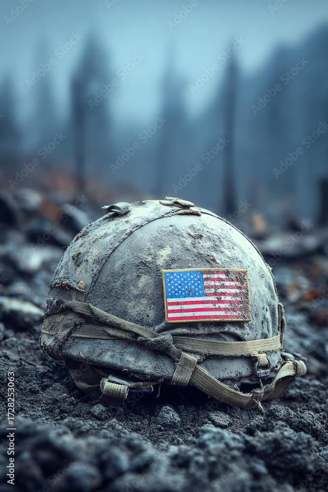 Fototapeta premium Military helmet resting on the ground in a forest after a fire, showing signs of wear and an American flag patch