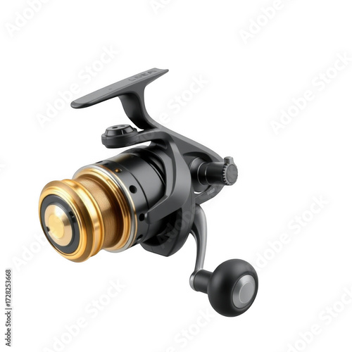 Close up of a black and gold fishing reel with a black handle against a solid black background