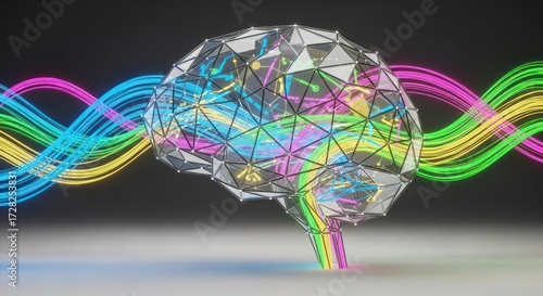 Abstract 3D Rendered Brain with Intertwined Colorful Energy Lines on Black Background