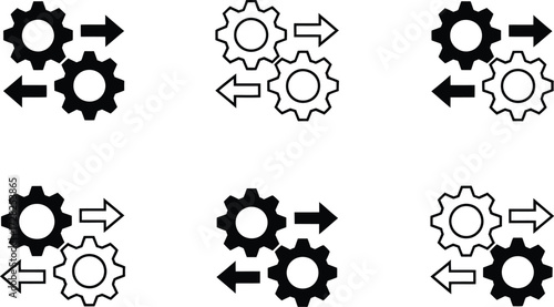Six Icons of Interlocking Gears with Arrows Indicating Movement