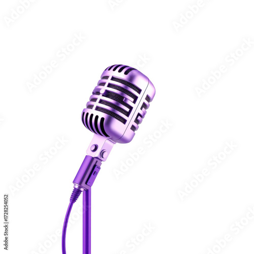 Vintage retro microphone on a stand illuminated by purple light against a dark background