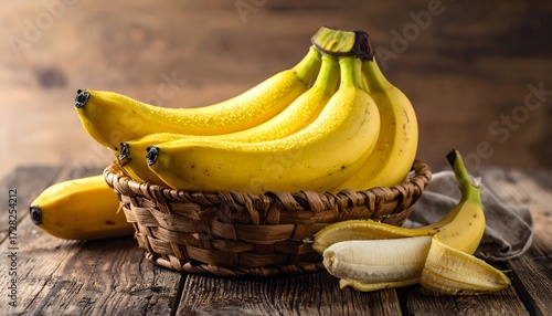 Ripe bunch of yellow bananas in a woven basket on a rustic wooden table with one peeled banana ready to eat.