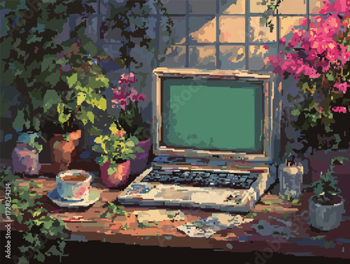 緑の画面を持つレトロなラップトップと、植物や花に囲まれた温かい飲み物の静物画。