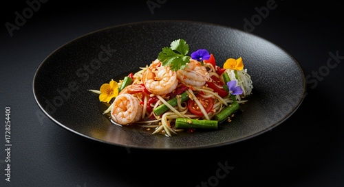 Gourmet Seafood Som Tum Featuring Succulent Prawns and Shellfish Garnished with Edible Flowers on Dark Background