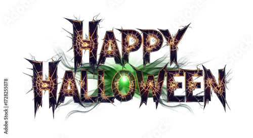 Happy Halloween text with glowing eye and tattered fabric
