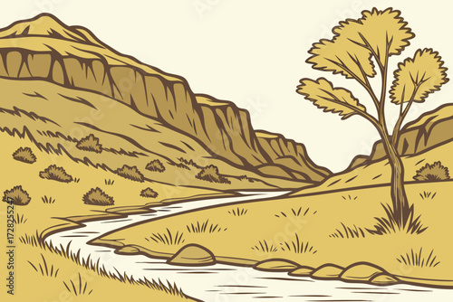 Carson River in Nevada, desert river flowing through cottonwood groves and rocky hillsides