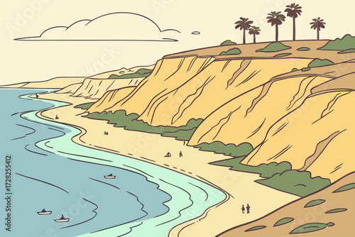 Carlsbad State Beach in California, sandy cliffs and shoreline with surfers and beachgoers