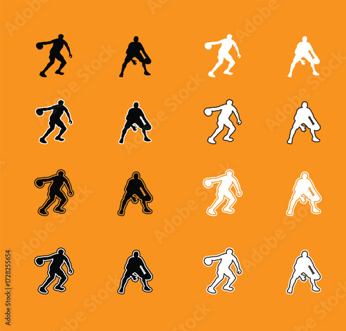 Collection of Basketball Player Poses Silhouettes A set of vector silhouettes of basketball players performing various actions, including dribbling, shooting, and dunking. Perfect for sports graphics