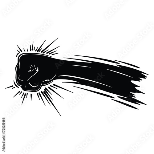 Powerful black fist punching forward with impact motion graphic design