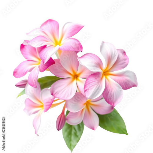 Delicate pink plumeria flowers with green leaves against a stark black background