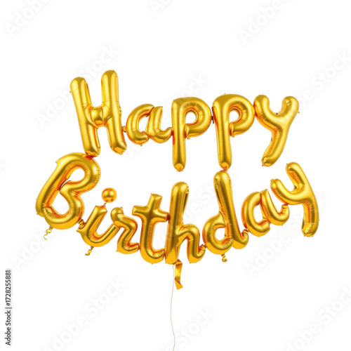 Golden happy birthday foil balloons floating against a stark black background celebrating a special occasion