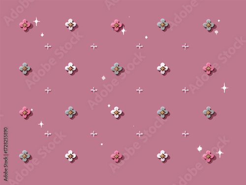 淡いピンクの背景に、立体感のある可愛らしい花とキラキラ輝く星が散りばめられた、優雅でフェミニンなベクターパターンデザインは、様々な用途に使える美しい装飾です。