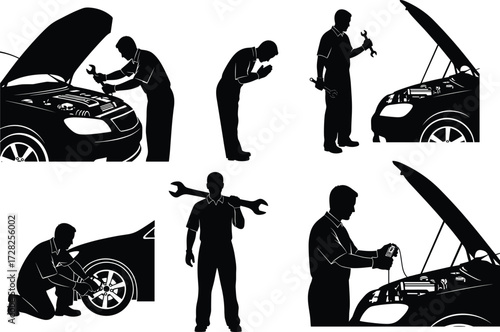 Silhouette mechanic, car repair, automotive maintenance, black figures, workshop activity, wrench tool, engine i