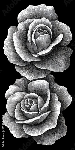 Two elegant black and white roses, meticulously detailed, create a striking visual display against a dark background.