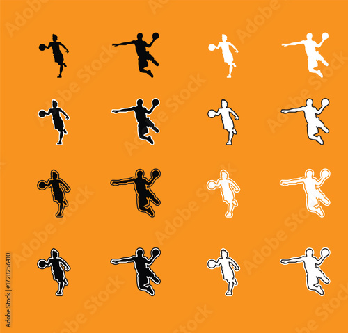 Collection of Basketball Player Poses Silhouettes A set of vector silhouettes of basketball players performing various actions, including dribbling, shooting, and dunking. Perfect for sports graphics