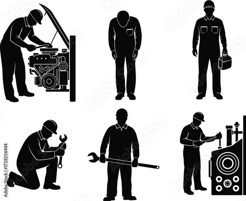 Silhouette mechanic, engineering work, industrial repair, black figures, maintenance activity, toolbox posture