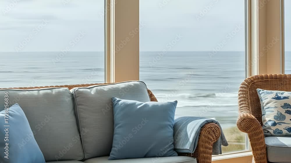 Coastal Interior Scene with Wicker Furniture and Ocean View Background