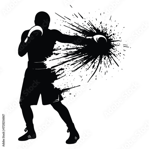 Silhouette of a Boxer Delivering a Powerful Punch with Ink Splatter